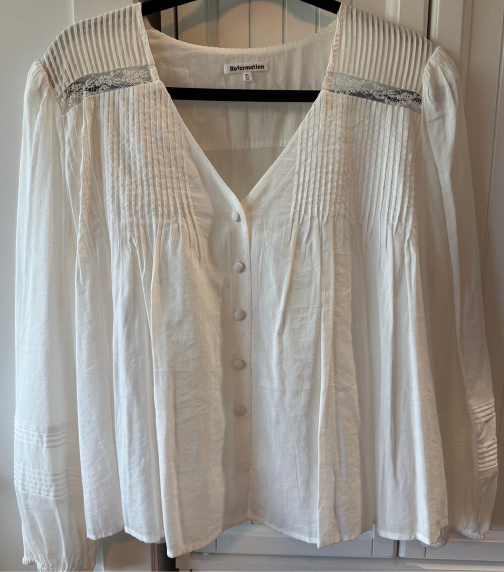 Reformation Long Sleeve V-Neck Blouse White XL NWT